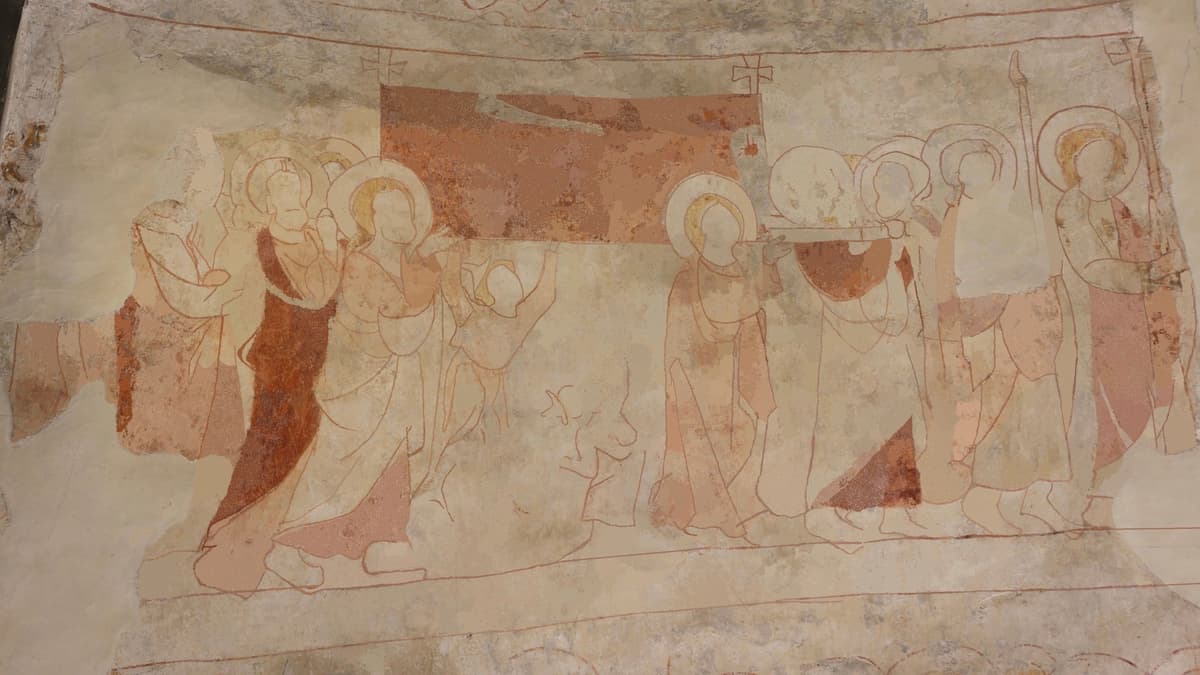 Wandmalerei Reichardsmünster: Die Apostel tragen Maria zu Grabe. Nach der Legende wollen Juden die Bahre umwerfen, einer klebt an diesem fest, dem anderen verdorren die Hände.