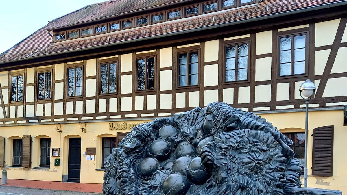 Museumsvorplatz / Steinnussfrucht-Skulptur
