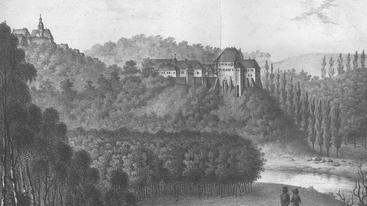 Burg und Kirche Döben an der Mulde, 1840, gez. v. Thamisch