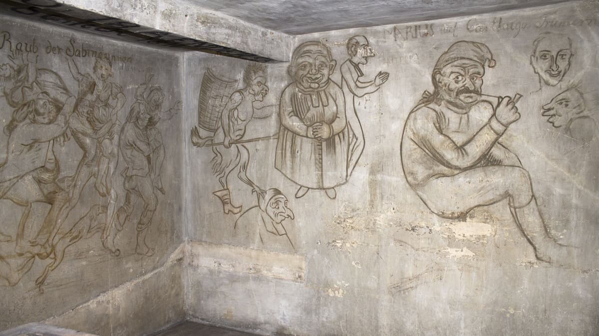 Secco-Malerei im Karzer von Martin Disteli 1922 West- und Nordwand