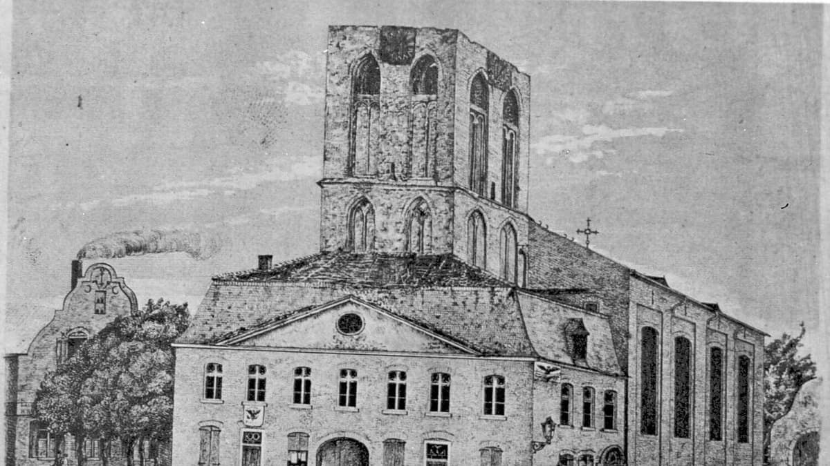 Ansicht der Alten Kirche und Rathaus nach dem Brand am 27.07.1868