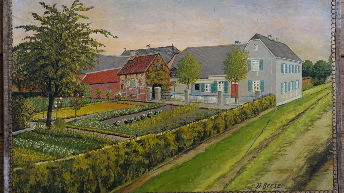 Nühlenhof mit Bauerngarten und Backhaus Ölbild von 1925
