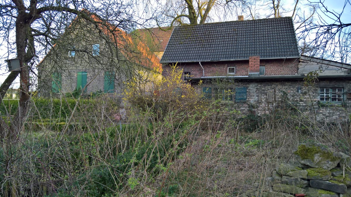 Blick vom Schulgarten auf Schule und Scheune