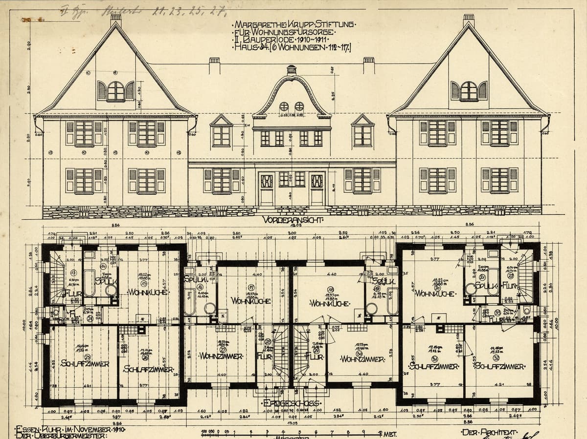 Häusergruppe Steile Strasse, mittig Einfamilienhäuser, außen,Etagenwohnungen, Straßenansicht und Grundriss Erdgeschoss, 1910
