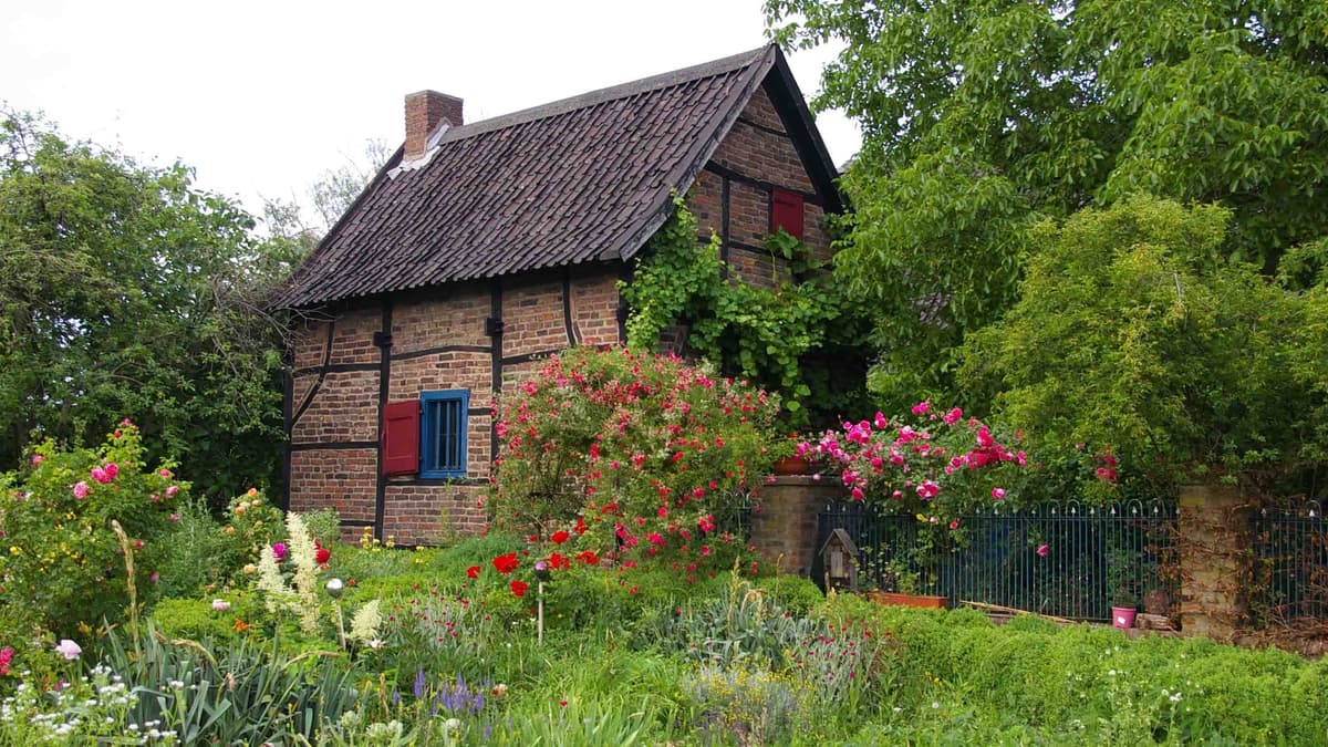 Backhaus mit Rosenbogen