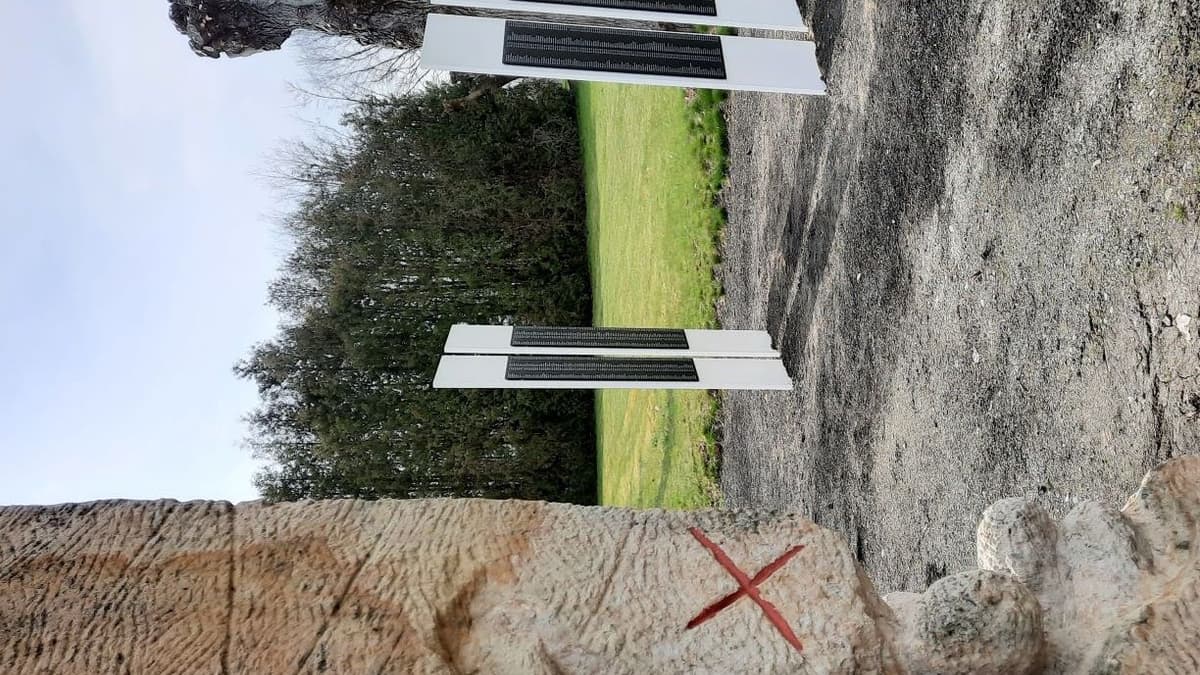 Gedenkstein, im Hintergrund Namenstafeln für die ermordeten PatientInnen