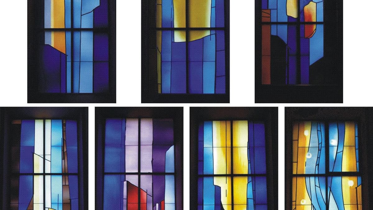 „Vater unser im Himmel“, „Geheiligt werde dein Name“, „Dein Reich komme“ - Kirchenfenster von Alois Plum in der katholischen Pfarrkirche St. Bartholomäus Kaiserslautern-Morlautern
