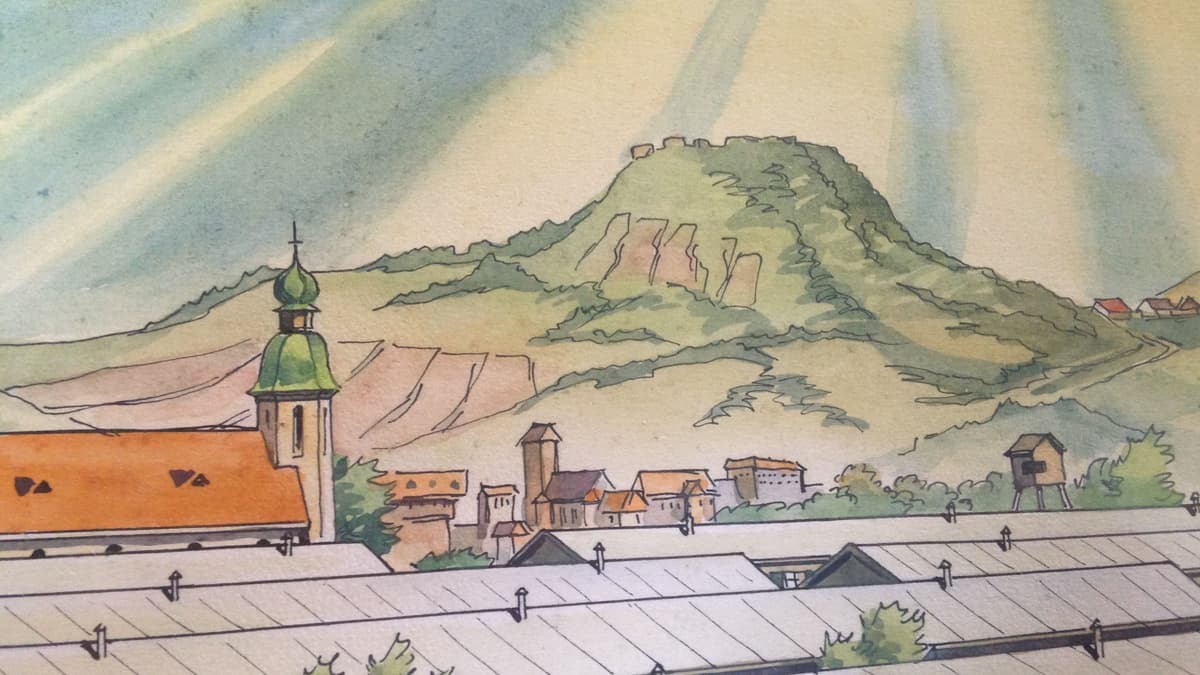 Grafik von Heinz Ort ca. 1947/48: Lager für Kriegsgefangene in Singen