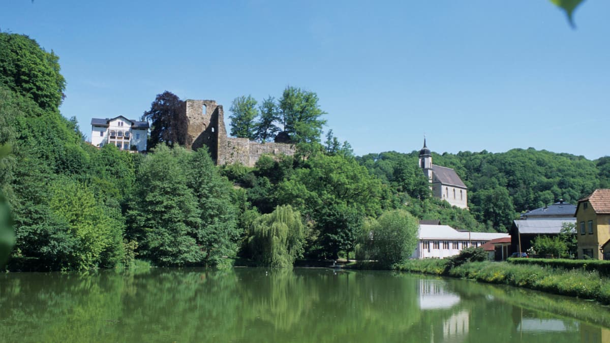 Blick über den Schlossteich zu Burgruine und Kirche